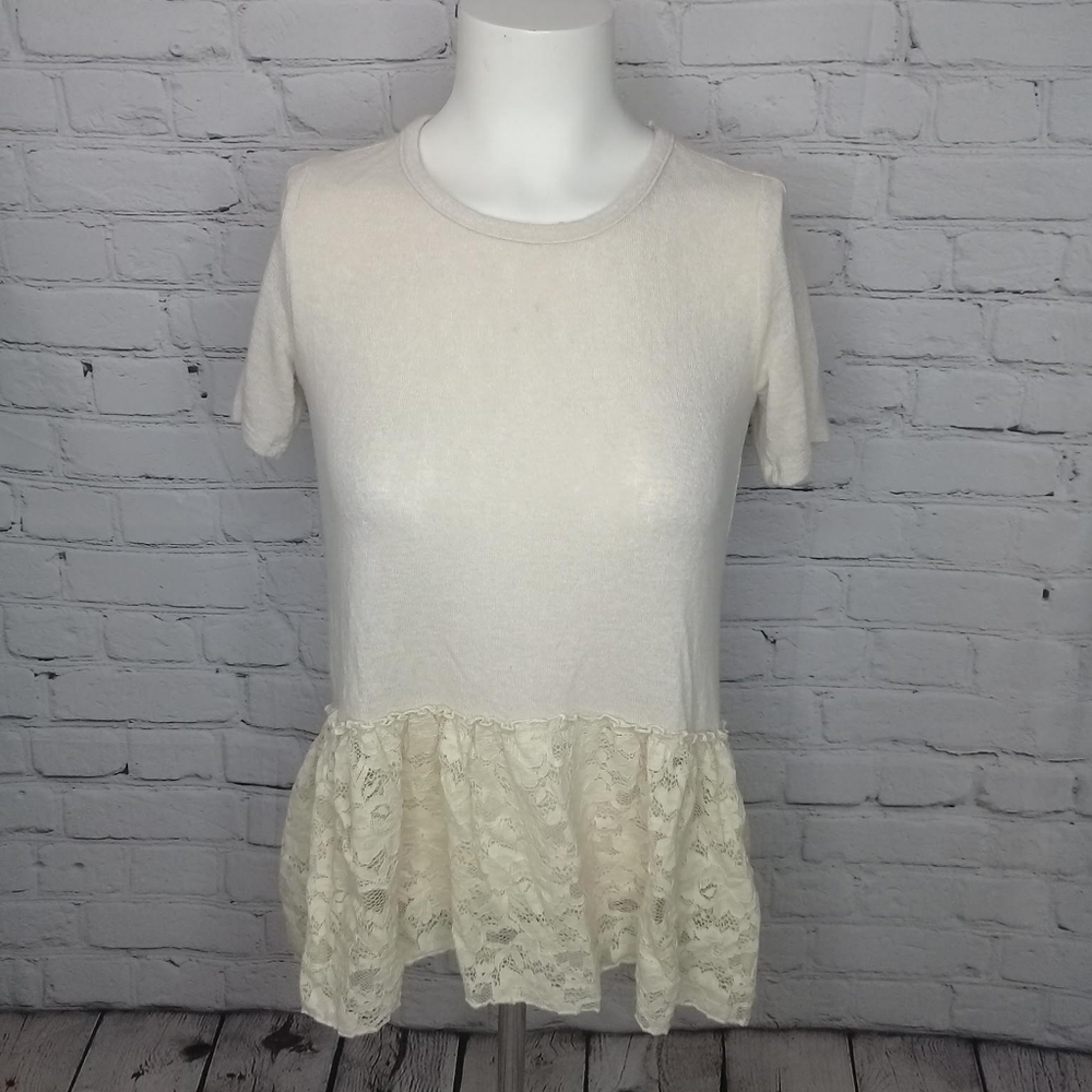 Emberely Cream Boho Rayon Lace Short Sleeve Peplum Tee 90s Sz XSmall
